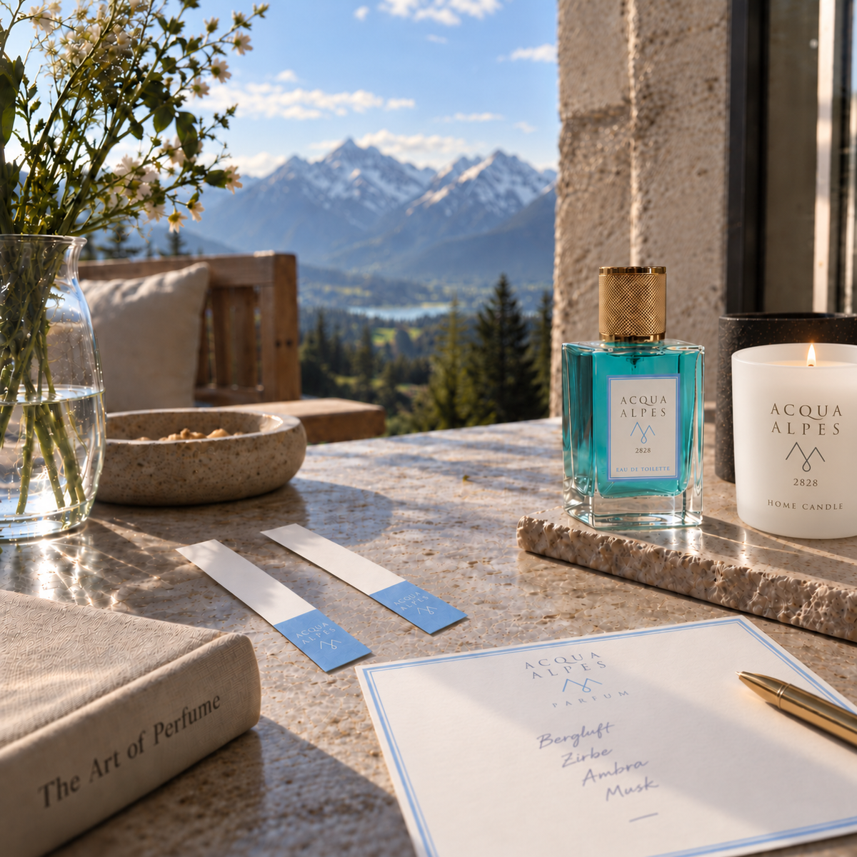 ACQUA ALPES 2828 Eau de Toilette und Home Candle mit zwei Duftstreifen und gebrandetem Duftkärtchen vor alpiner Kulisse.