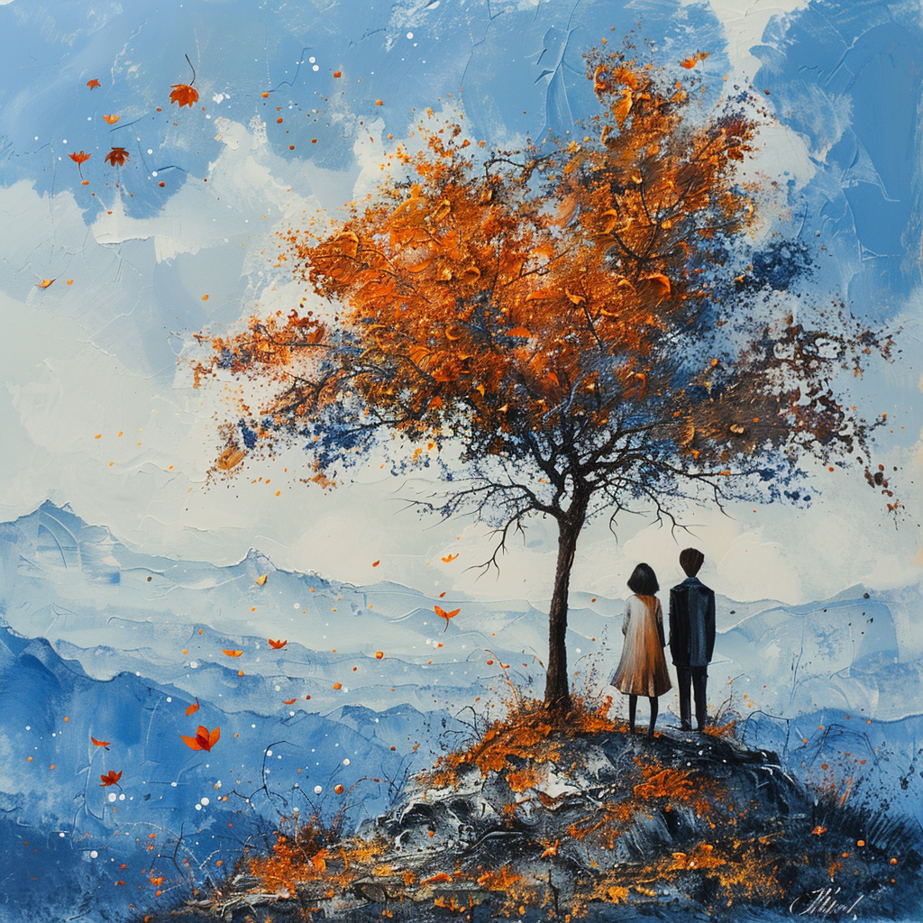 Zwei Personen in herbstlicher Alpenlandschaft mit goldenen Blättern – Symbol für Wärme, Tiefe und ruhige Duftmomente